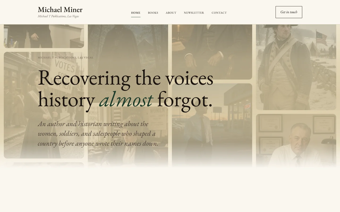 Author website with rotating-masonry photo hero and Substack-driven newsletter, designed by Las Vegas web designer Will C.